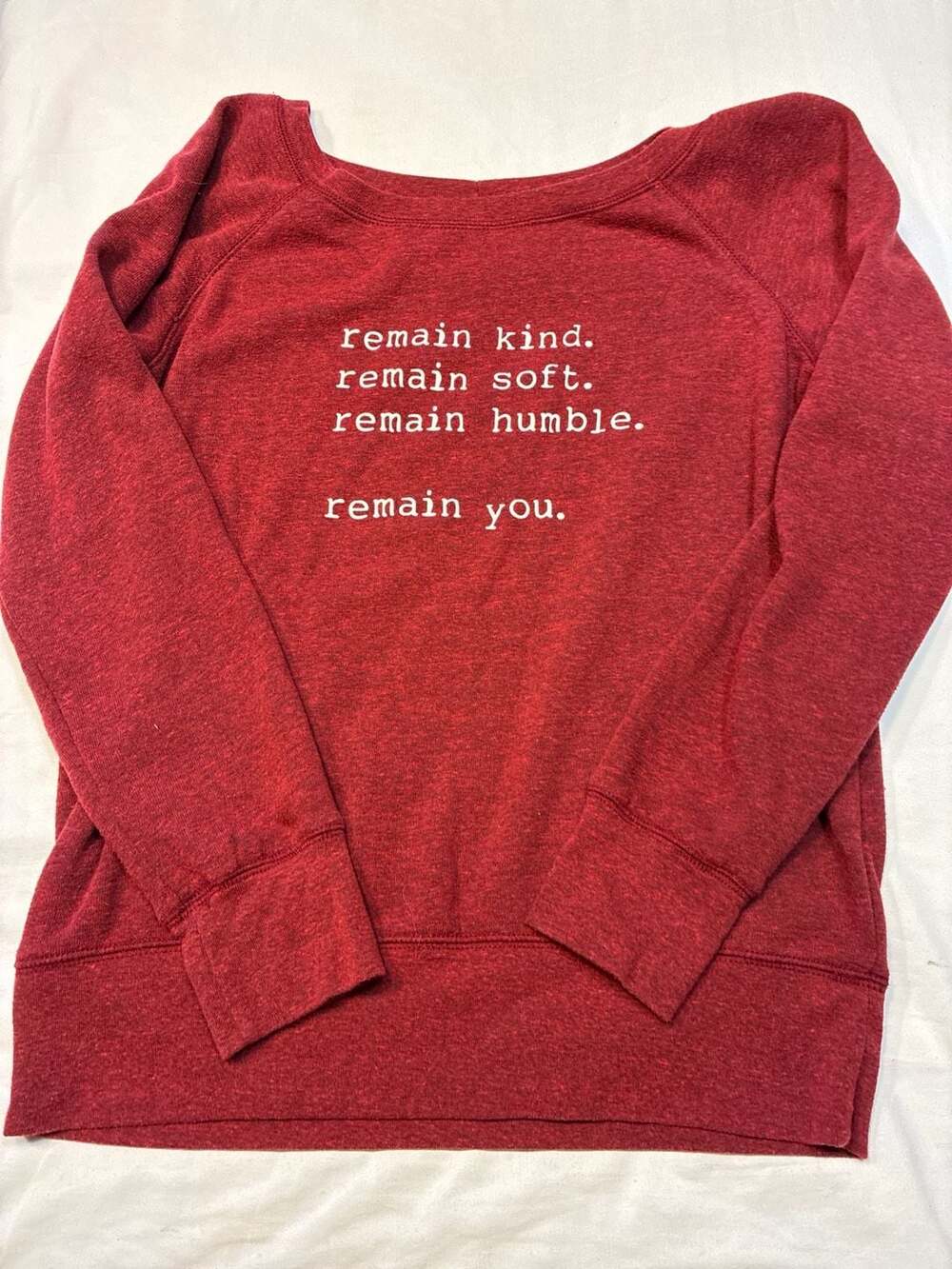 Om & Ah London Remain Kind Soft Humble Slouchy Red Wide Neck Sweatshirt Size Lar